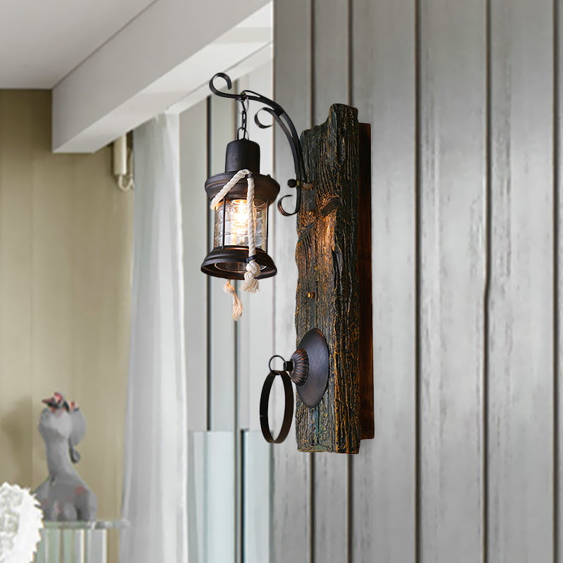 Coastal Black Kerosene Sconce With Clear Glass Bulb And Wooden Backplate For Outdoor Lighting