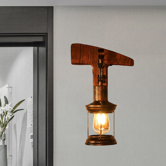 Coastal Clear Glass Lantern Sconce Light With Wooden Backplate - Rustic One-Light Fixture