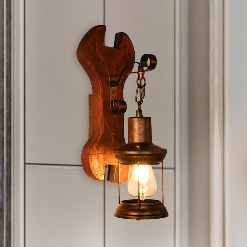 Coastal Clear Glass Lantern Sconce Light With Wooden Backplate - Rustic One-Light Fixture