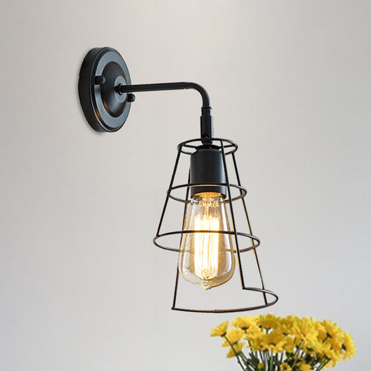 Conic Cage Wall Mount Light With Curved Arm - Vintage Style Metallic Lamp In Black/White