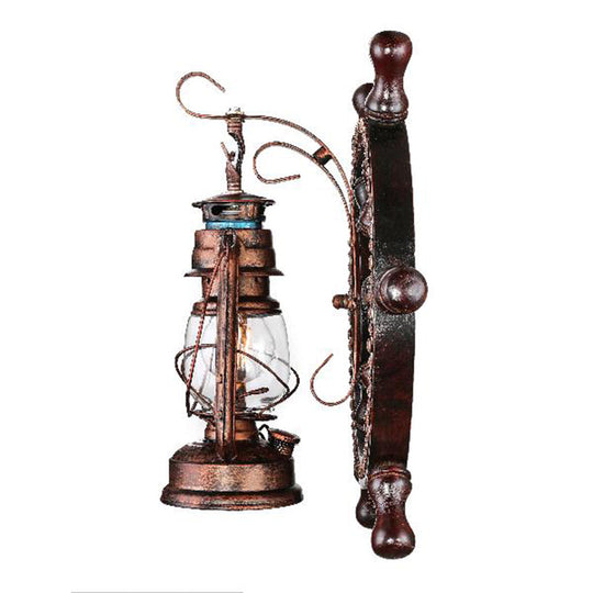 Coastal Clear Glass Kerosene Wall Sconce: Weathered Copper Bedroom Light Fixture With Wheel