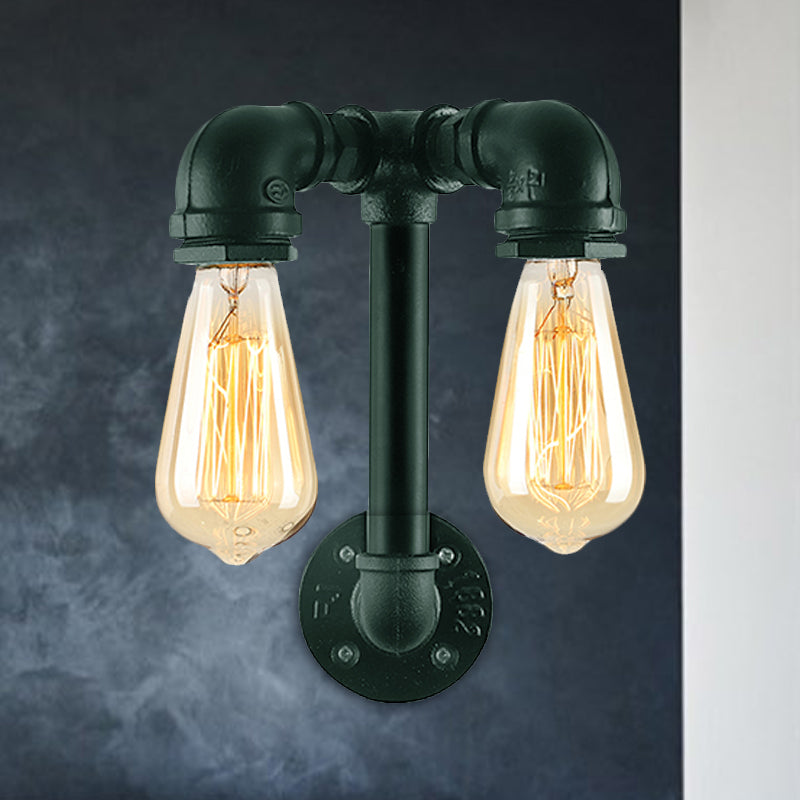 Industrial Wall Mounted Lamp With 2 Open Bulbs And Pipe Design In Bronze/Black For Bathroom