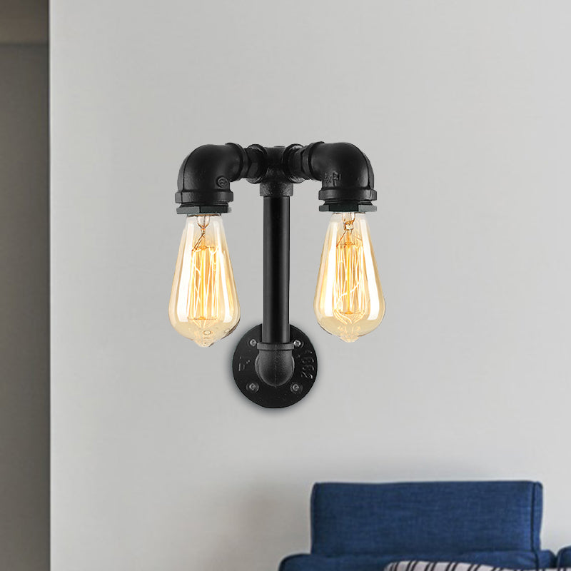 Industrial Wall Mounted Lamp With 2 Open Bulbs And Pipe Design In Bronze/Black For Bathroom