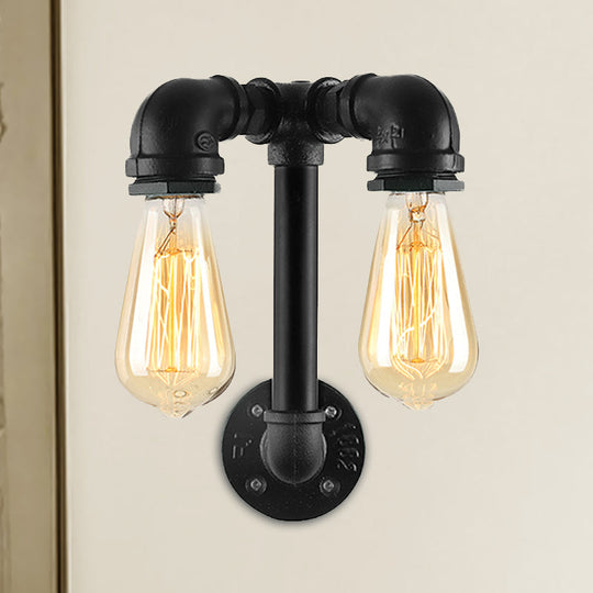 Industrial Wall Mounted Lamp With 2 Open Bulbs And Pipe Design In Bronze/Black For Bathroom