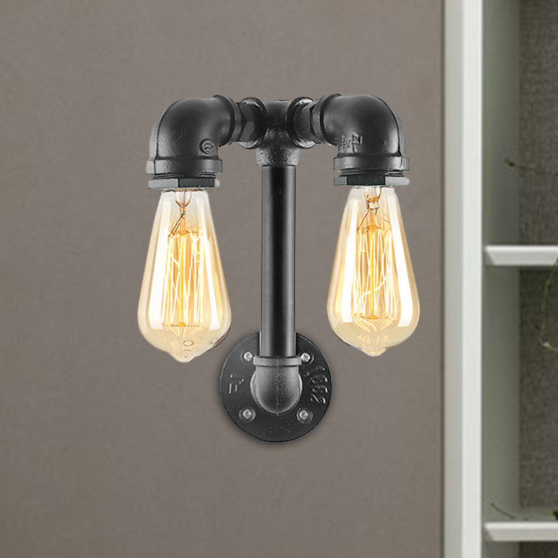 Industrial Wall Mounted Lamp With 2 Open Bulbs And Pipe Design In Bronze/Black For Bathroom