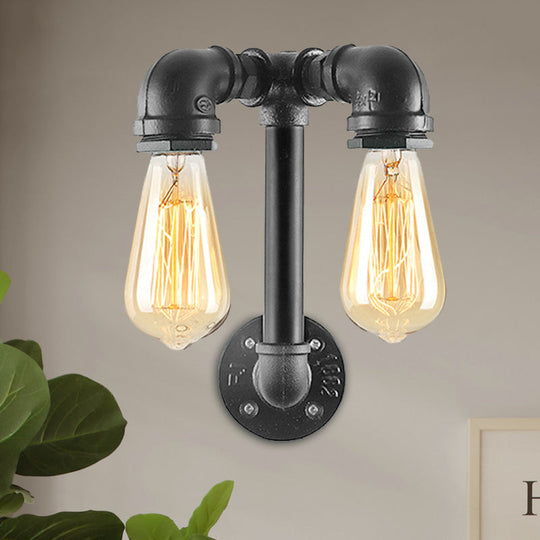 Industrial Wall Mounted Lamp With 2 Open Bulbs And Pipe Design In Bronze/Black For Bathroom