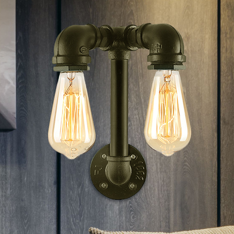 Industrial Wall Mounted Lamp With 2 Open Bulbs And Pipe Design In Bronze/Black For Bathroom