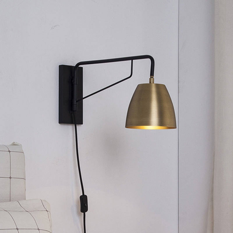 Brass Loft Style Wall Sconce With Metallic Barrel Shade - 1 Light Angle Arm Lighting For Bedroom