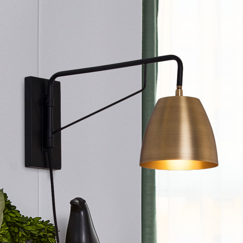 Brass Loft Style Wall Sconce With Metallic Barrel Shade - 1 Light Angle Arm Lighting For Bedroom