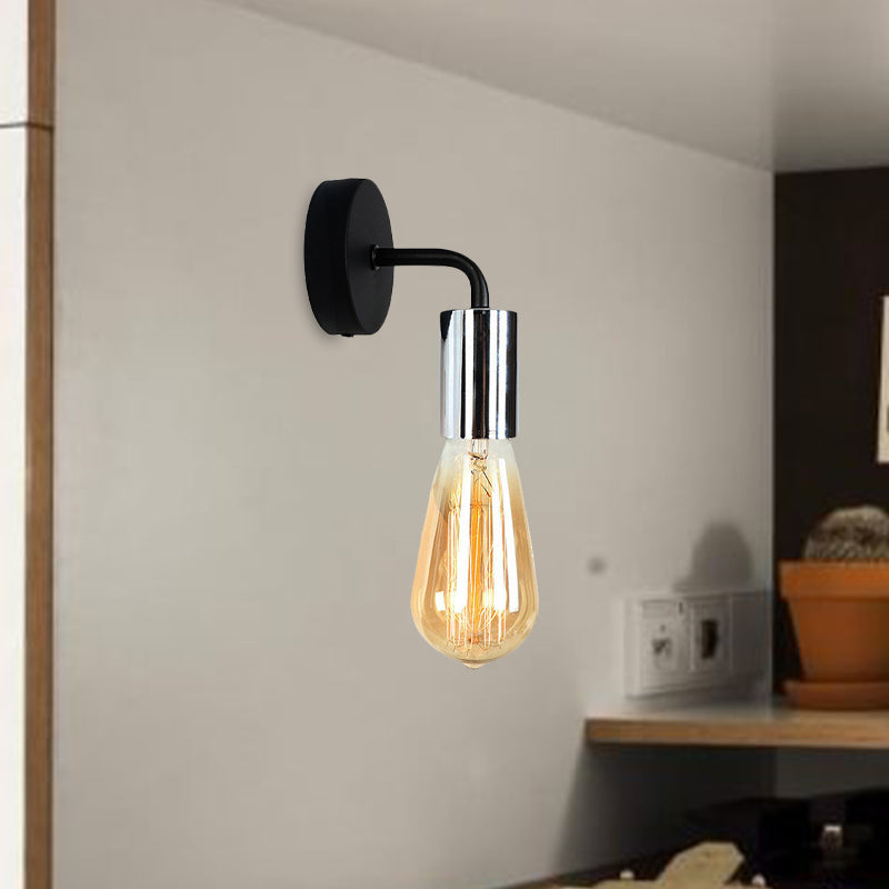 Industrial-Style Brass/Copper Open Bulb Sconce Light With Curved Arm - Metal Bedside Wall Lighting