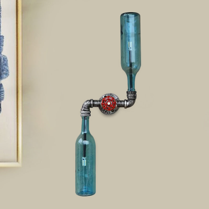 Industrial-Style Gray/Blue Glass Wall Sconce Light With 2 Wine Bottle Lights Ideal For Living Room