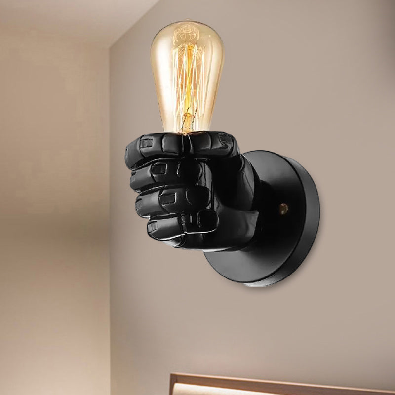 Vintage Wood Bare Bulb Sconce Light With Hand-Shaped Base - Black/White Restaurant Wall Lamp