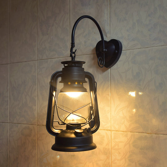 Coastal Lantern Wall Sconce: 1-Bulb Clear Glass Light In Black/Bronze/Copper For Corridor