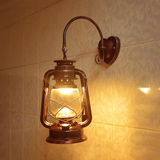 Coastal Lantern Wall Sconce: 1-Bulb Clear Glass Light In Black/Bronze/Copper For Corridor