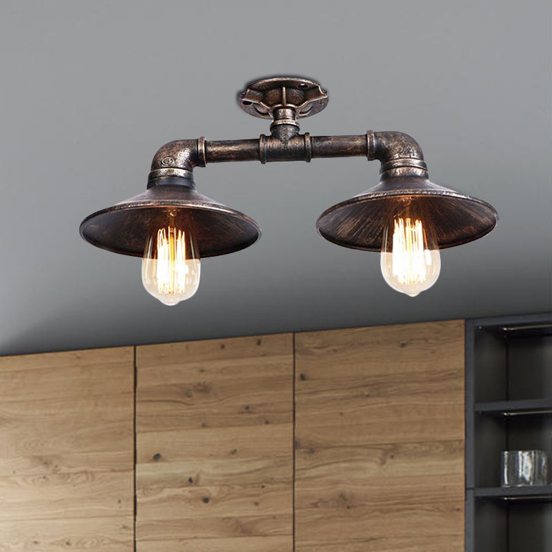 Wrought Iron Saucer Semi Flush Light - Retro Industrial Style - 2 Lights - Living Room Ceiling Mount in Bronze/Aged Silver