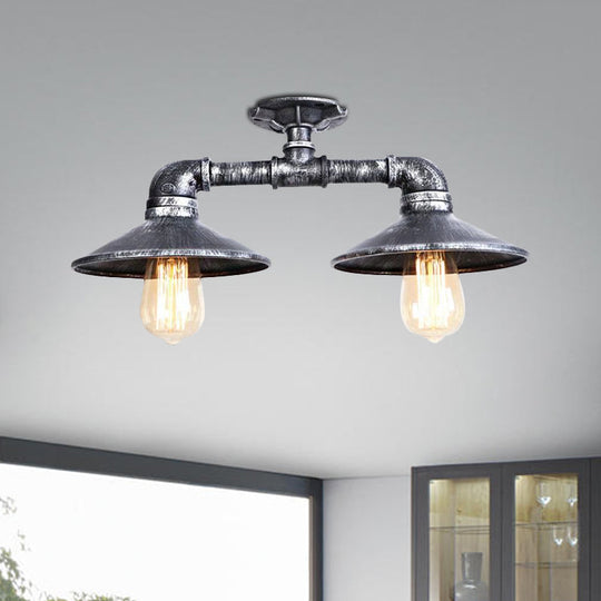 Wrought Iron Saucer Semi Flush Light - Retro Industrial Style - 2 Lights - Living Room Ceiling Mount in Bronze/Aged Silver