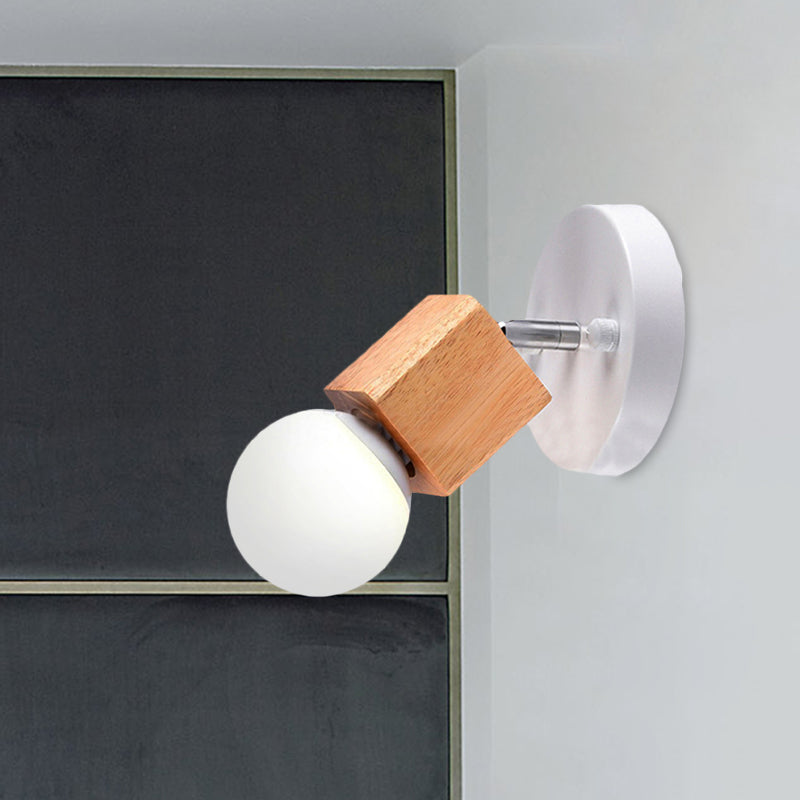 Industrial Style Black/White Wood Wall Sconce With Square Mount & Circular Backplate