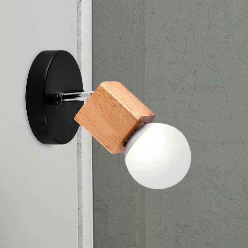 Industrial Style Black/White Wood Wall Sconce With Square Mount & Circular Backplate