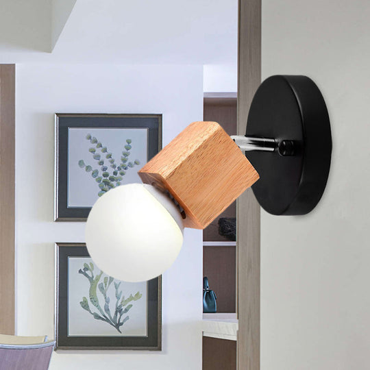 Industrial Style Black/White Wood Wall Sconce With Square Mount & Circular Backplate