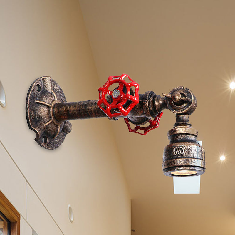 Industrial Water Pipe Wall Lamp - Wrought Iron Valve Design Bronze Finish