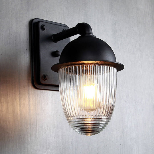 Industrial Ribbed Glass Black Sconce Light Thick Jelly Jar Wall Lamp 1-Light Fixture 5/6 Wide