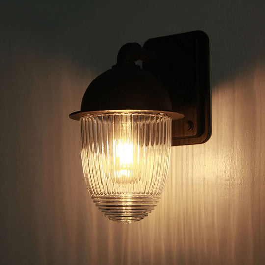 Industrial Ribbed Glass Black Sconce Light Thick Jelly Jar Wall Lamp 1-Light Fixture 5/6 Wide