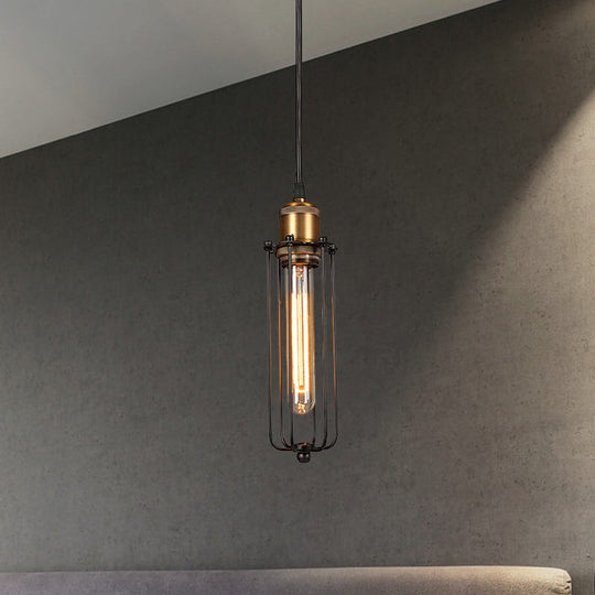 Industrial Brass Finish Cage Pendant Light - Tubed Head Design For Hanging Ceiling 1-Head Option