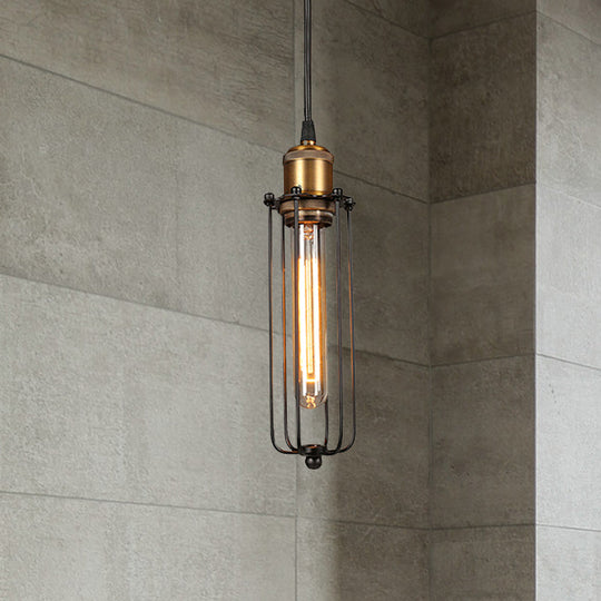 Industrial Brass Finish Cage Pendant Light - Tubed Head Design For Hanging Ceiling 1-Head Option