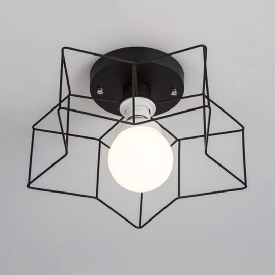 Industrial Cage Shade Ceiling Light for Bedroom - Black/White Metal Semi-Flush Mount