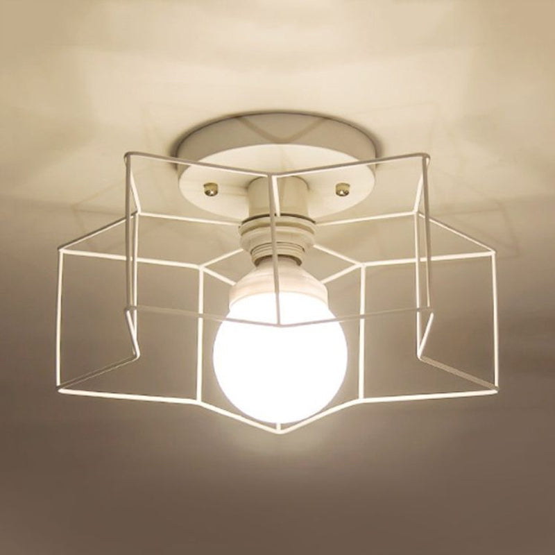 Industrial Cage Shade Ceiling Light for Bedroom - Black/White Metal Semi-Flush Mount