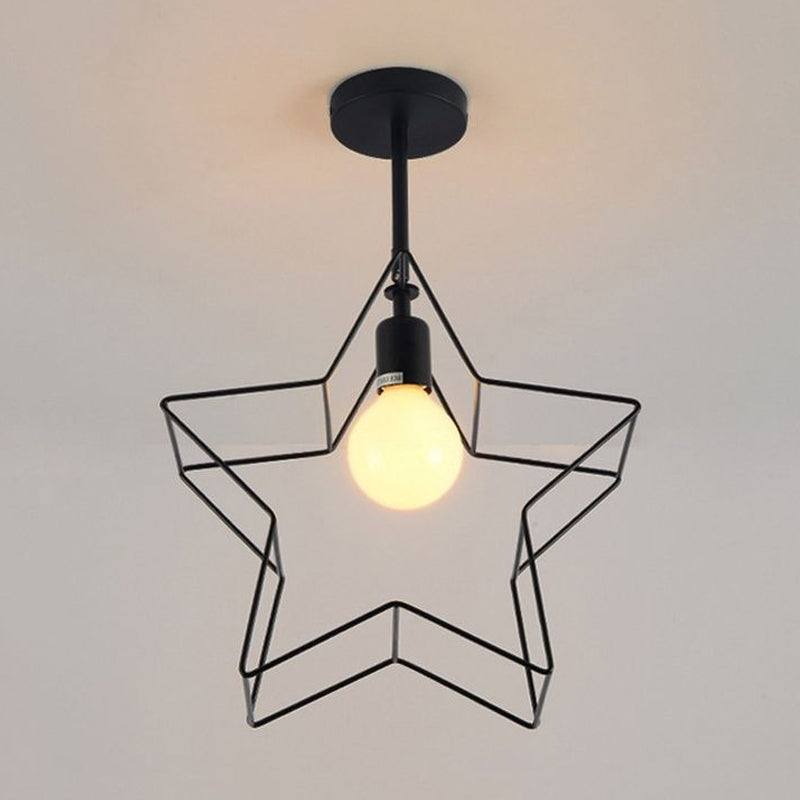 Stylish Black Wire Frame Ceiling Lamp with Star Shade - Bedroom Semi Flush Mount Lighting