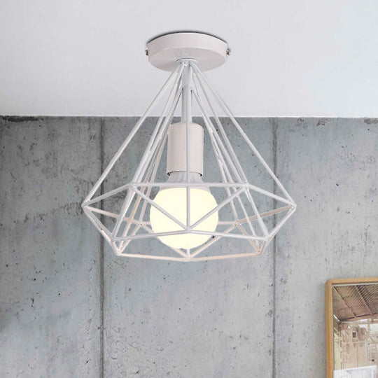 Stylish Diamond Metallic Ceiling Light Fixture for Bedroom - Semi Flush Industrial Cage Design