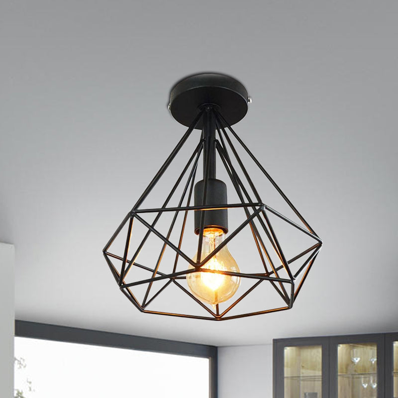 Stylish Diamond Metallic Ceiling Light Fixture for Bedroom - Semi Flush Industrial Cage Design