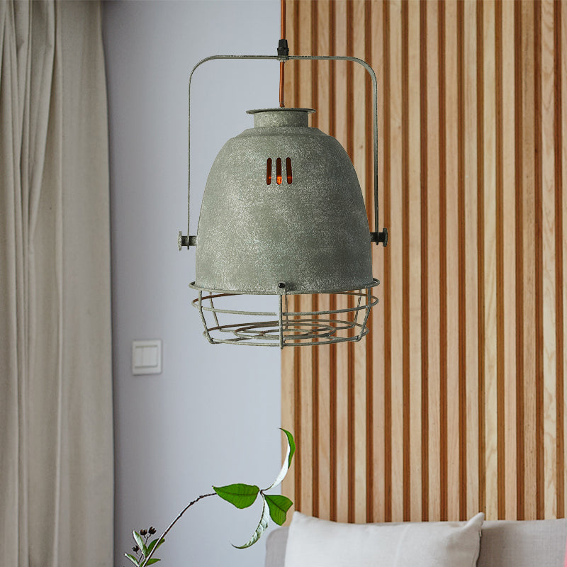 Wrought Iron Pendant Lighting with Bell/Dome Shade - Industrial 1 Light Hanging Lamp in Grey