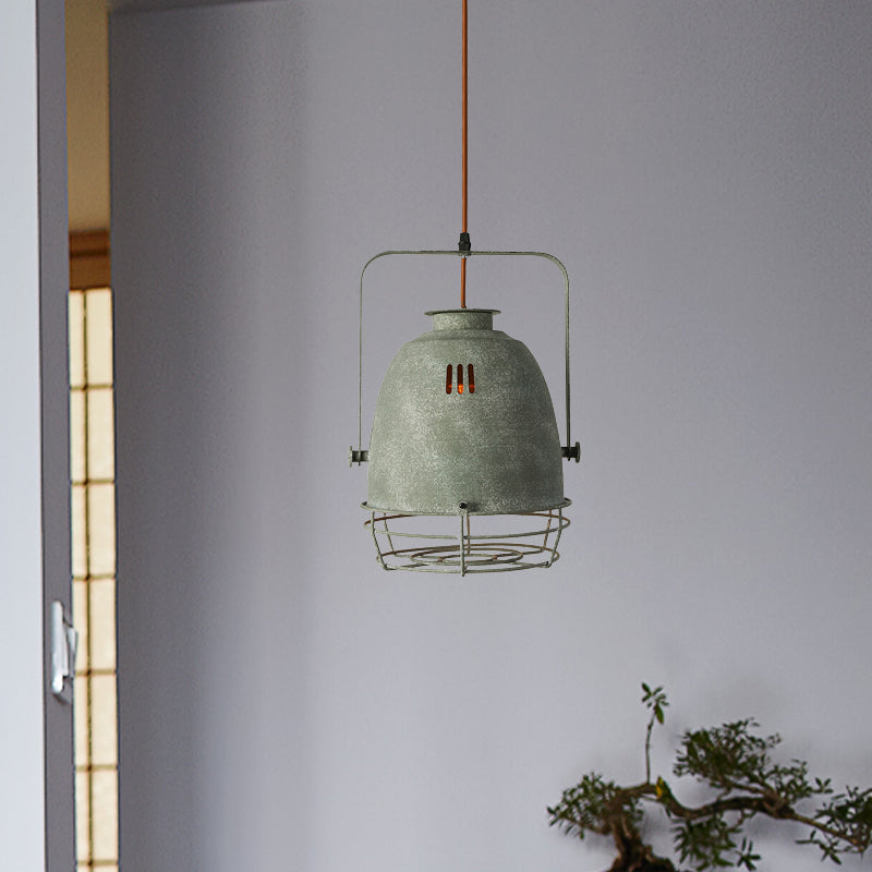 Industrial Wrought Iron Pendant Lighting With Bell Shade And Wire Guard In Grey