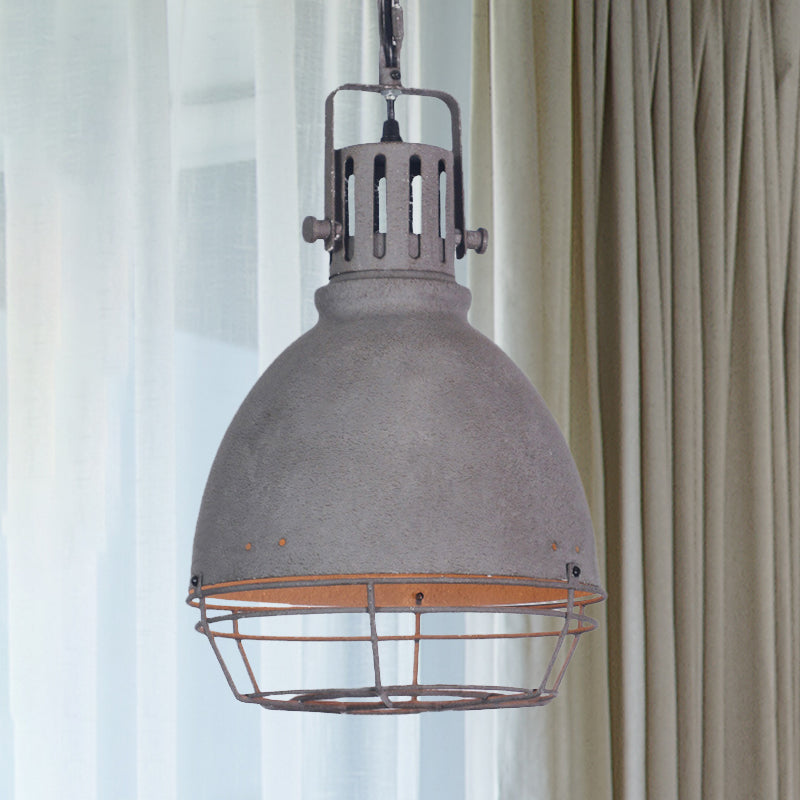 Wrought Iron Pendant Lighting with Bell/Dome Shade - Industrial 1 Light Hanging Lamp in Grey