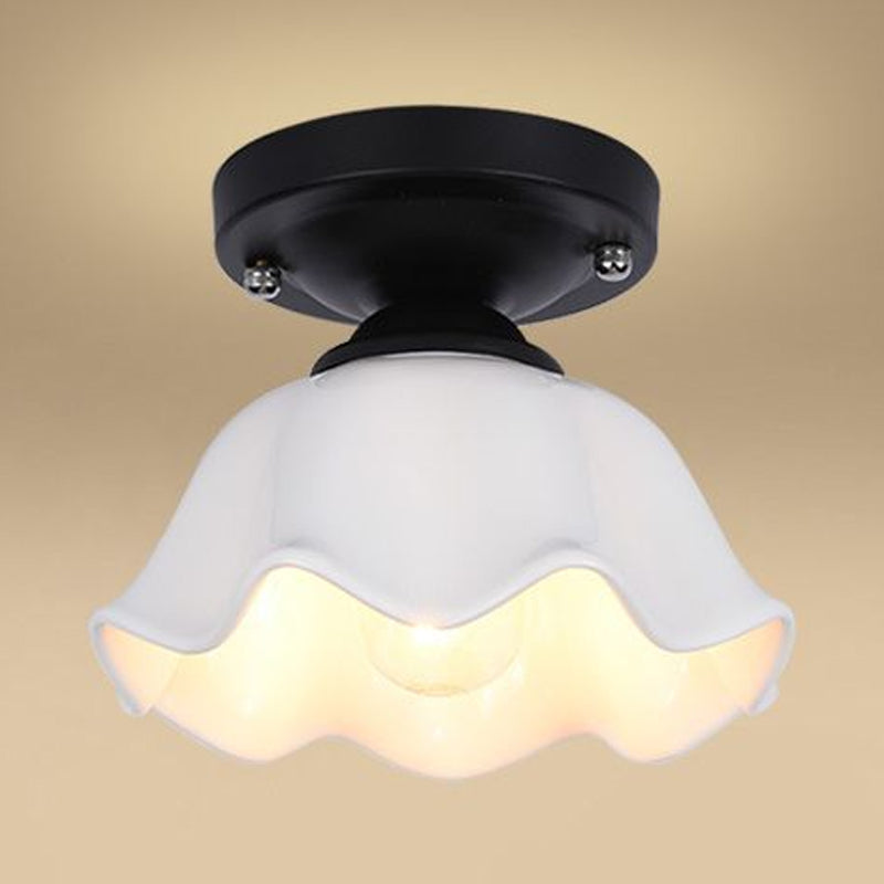 Milky Glass Industrial Living Room Light Fixture - Scalloped Semi Flush, Black Finish +