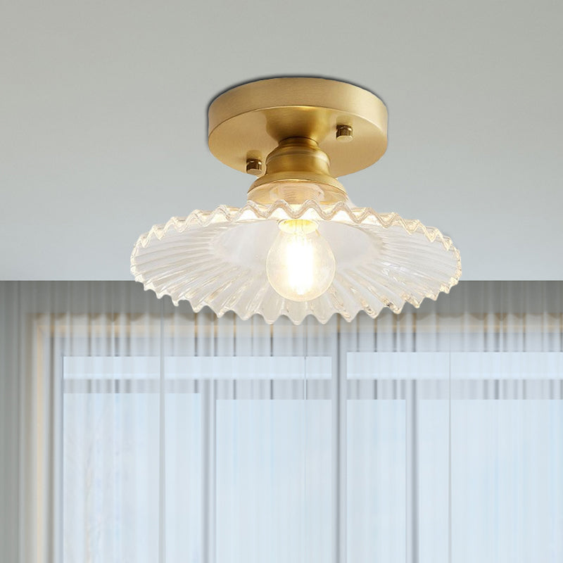 Semi-Flush Industrial Ceiling Mount: 1-Light Flared Clear/Green Ribbed Glass For Living Room