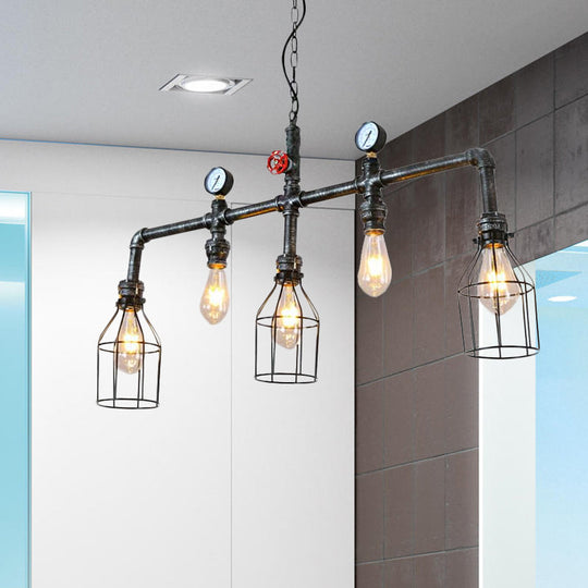 Industrial Silver Island Lighting With 5 Bulbs Metallic Caged Hanging Lamp Pipe And Pressure Gauge