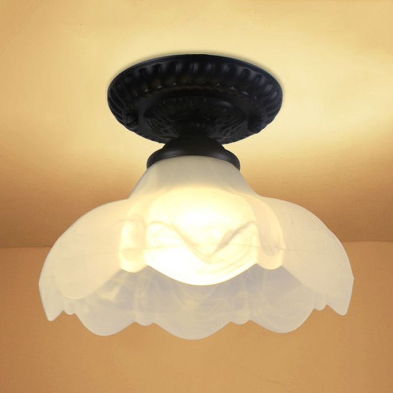 Modern Semi Flush Industrial Light Fixture - Scalloped Milky Glass 1-Bulb Ideal For Living Room Or