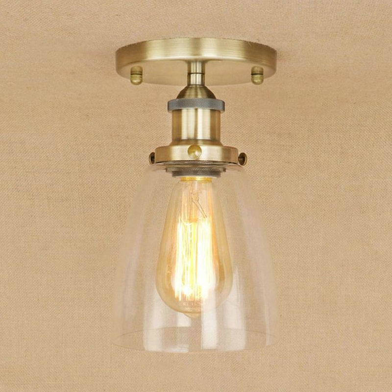 Semi Flush Mount Clear Glass Cone Industrial Ceiling Light Fixture with One Bulb in Silver/Brass/Rust