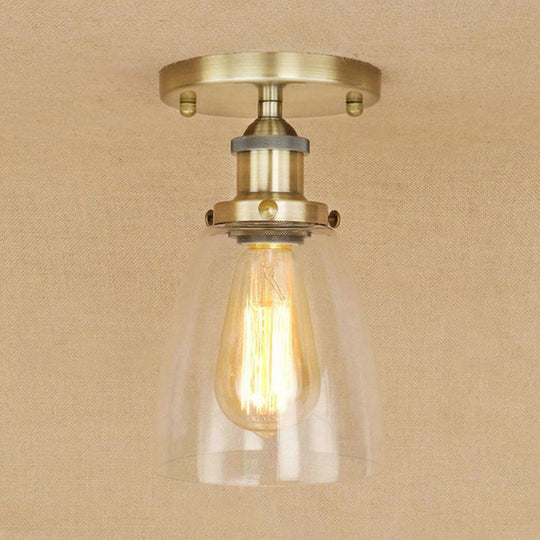 Semi Flush Mount Clear Glass Cone Industrial Ceiling Light Fixture with One Bulb in Silver/Brass/Rust