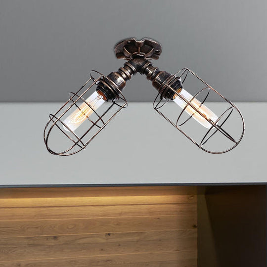 Semi-Flush Mount Cage Light with Coastal Style for Living Room - Wrought Iron, 2 Bulbs, Aged Silver/Bronze Finish