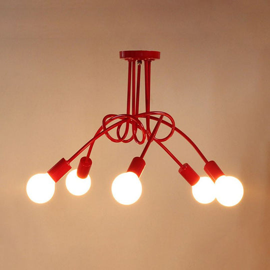 Red Twisted Semi Flush Industrial Loft Metal 5-Light Bedroom Mount