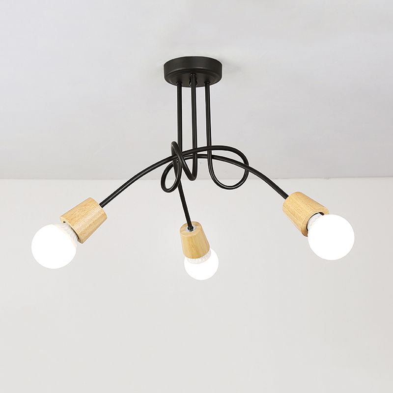 Loft Style Metal Ceiling Light With Open Bulb & Twisted Arm 3/5 Lights Wood Accent Perfect For