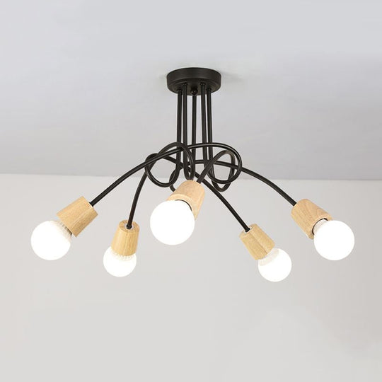 Loft Style Metal Ceiling Light With Open Bulb & Twisted Arm 3/5 Lights Wood Accent Perfect For