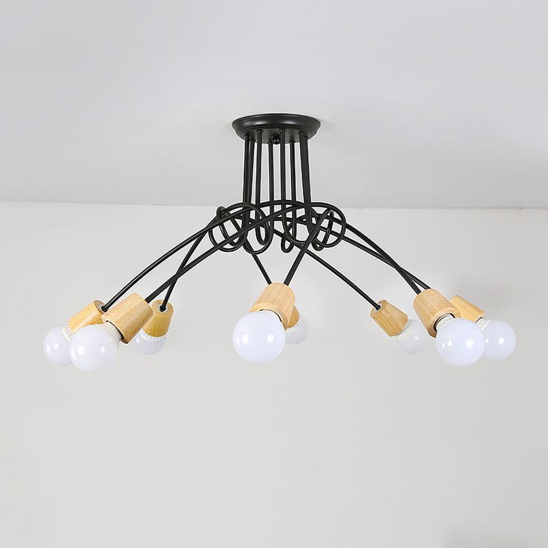 Loft Style Metal Ceiling Light With Open Bulb & Twisted Arm 3/5 Lights Wood Accent Perfect For