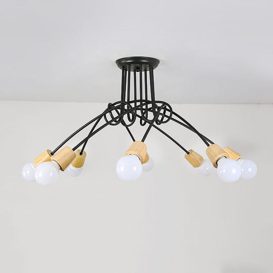 Loft Style Metal Ceiling Light With Open Bulb & Twisted Arm 3/5 Lights Wood Accent Perfect For