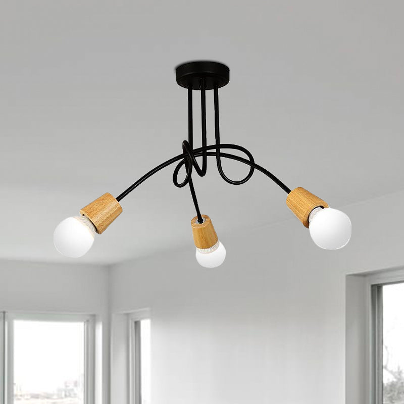 Loft Style Metal Ceiling Light with Open Bulb & Twisted Arm – 3/5 Lights, Wood Accent – Perfect for Kitchen & Semi Flush Pendant