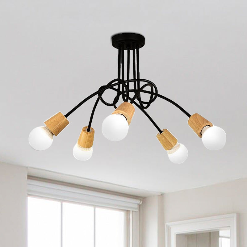 Loft Style Metal Ceiling Light With Open Bulb & Twisted Arm 3/5 Lights Wood Accent Perfect For